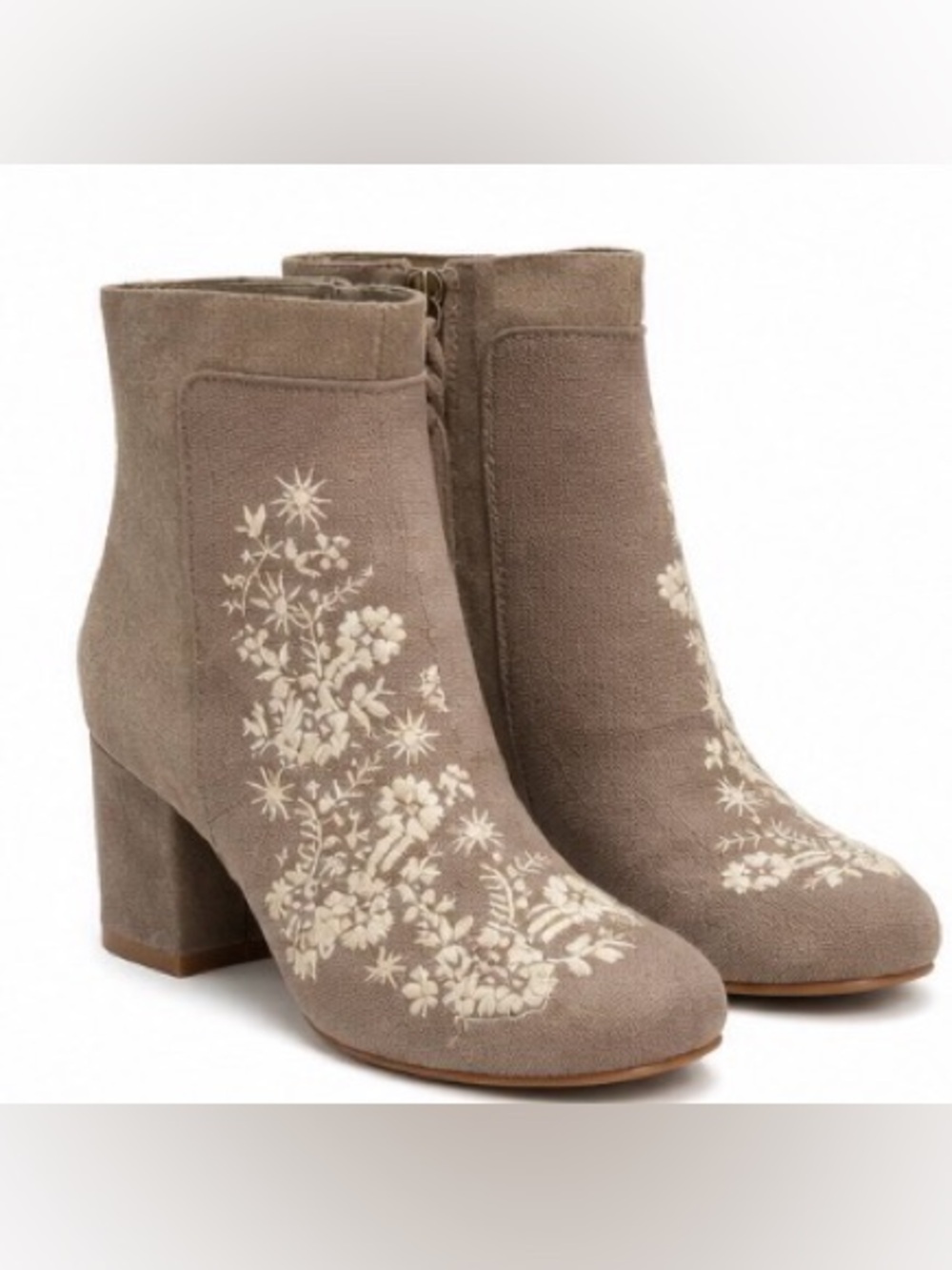 Tom’s Embroidered Floral Ankle Booties Taupe Suede Canvas Block Heel Size 9
